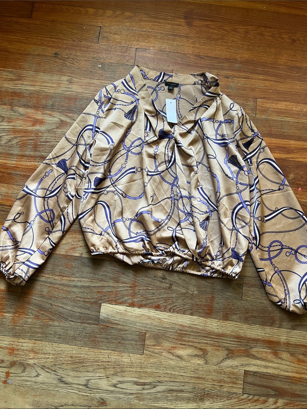 Ann Taylor Beige Bomber Jacket with Navy Rope Print